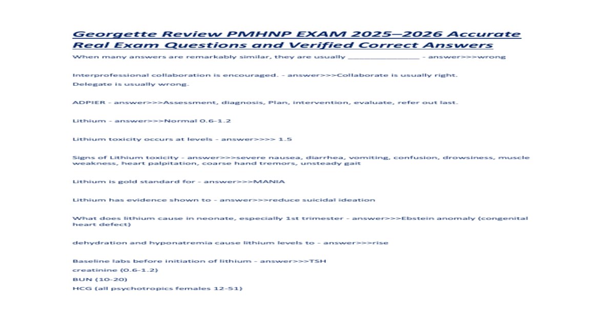 Georgette PMHNP Review 2026 | Latest Update 2026 | Answers | LMR and QBank | Actual