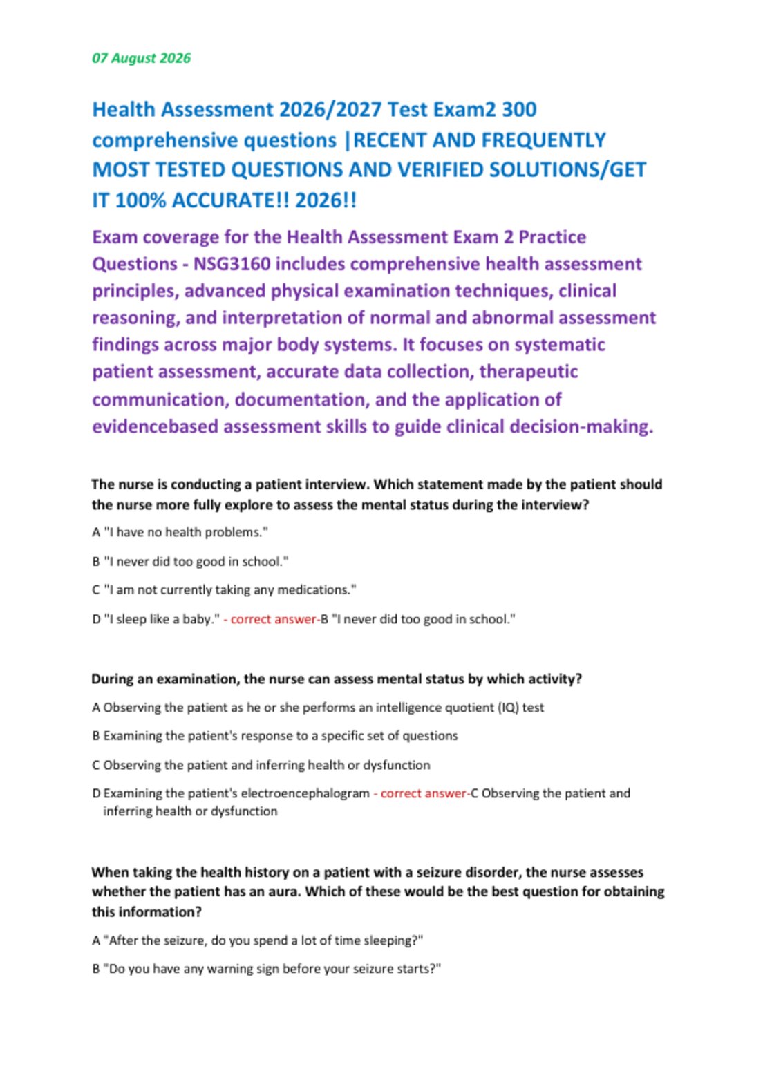 Health Assessment 2026/2027 Test Exam2 300  comprehensive questions |RECENT AND FREQUENTLY  MOST TESTED QUESTIONS AND VERIFIED SOLUTIONS/GET  IT 100% ACCURATE!! 2026!!