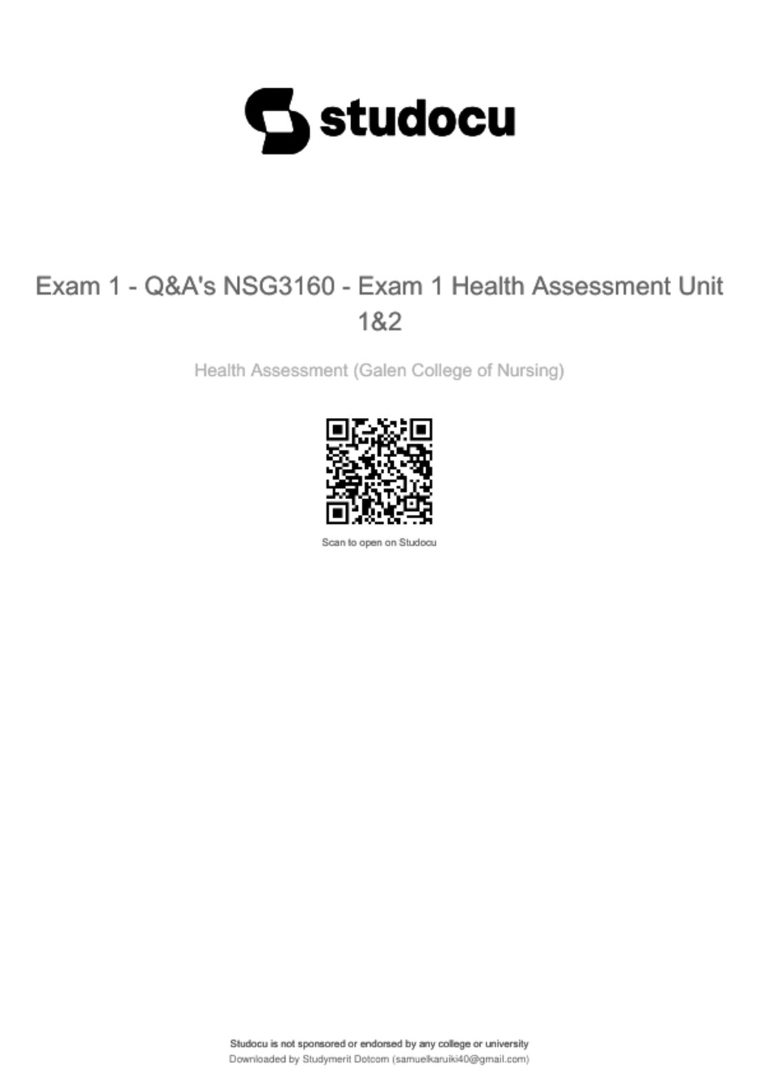 Exam 1: NSG3160 / NSG 3160 (Latest 2026 / 2027) Health Assessment | 100% Correct Questions & Answers - Galen