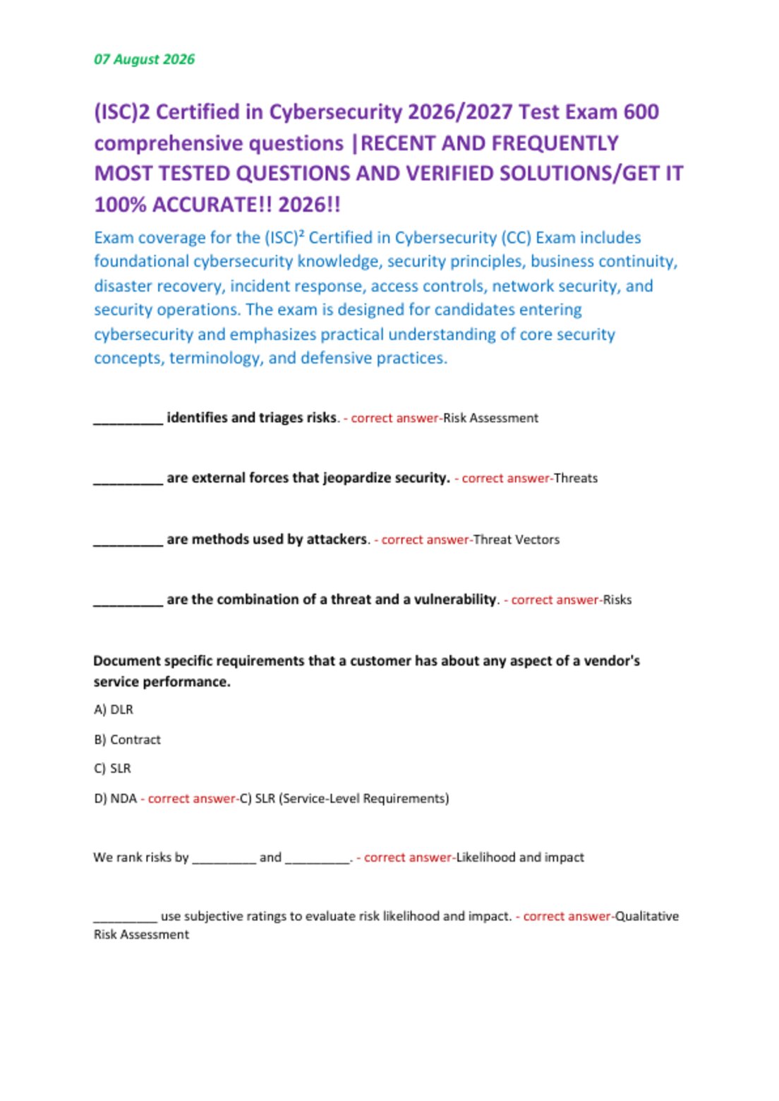 (ISC)2 Certified in Cybersecurity 2026/2027 Test Exam 600  comprehensive questions |RECENT AND FREQUENTLY  MOST TESTED QUESTIONS AND VERIFIED SOLUTIONS/GET IT  100% ACCURATE!! 2026!!