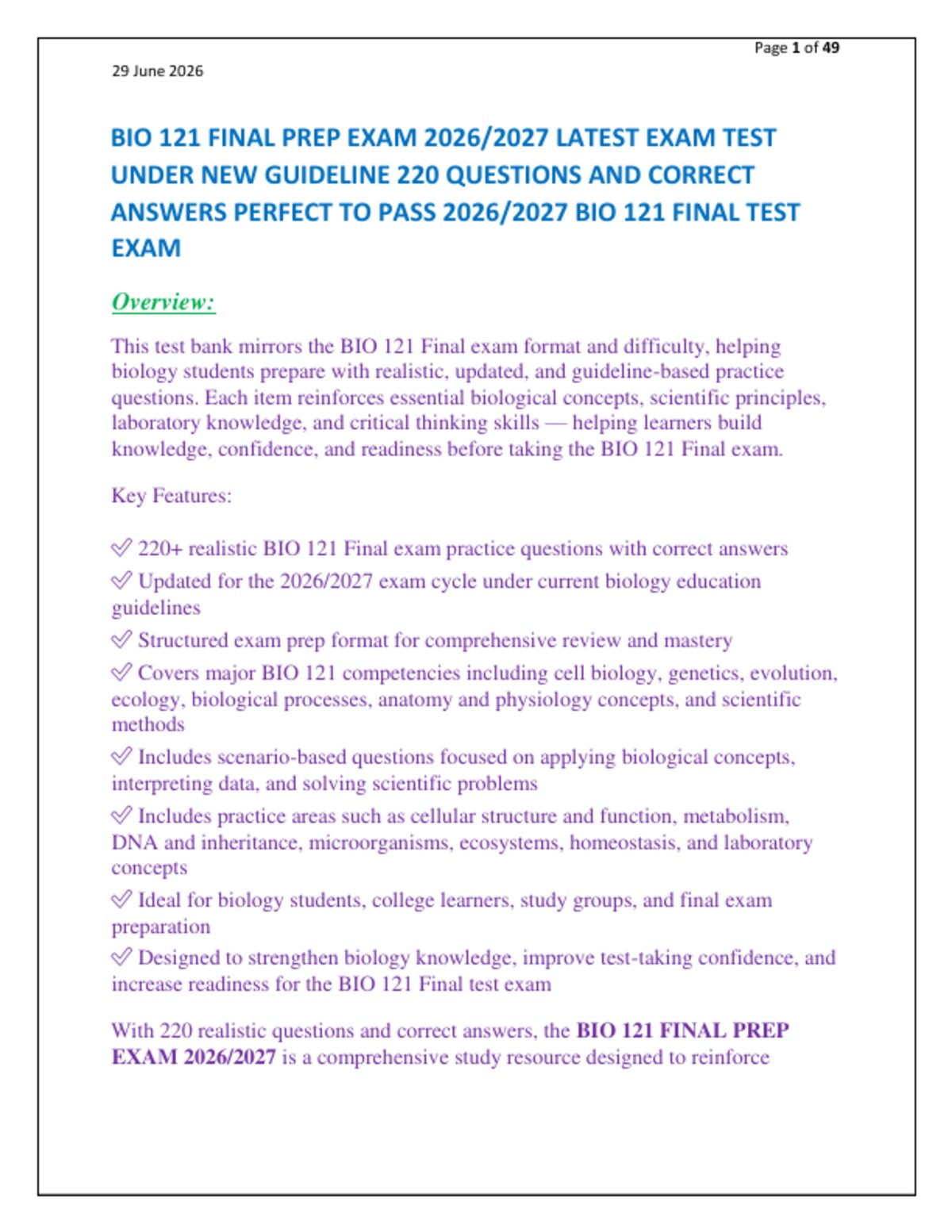 BIO 121 FINAL PREP EXAM 2026/2027 LATEST EXAM TEST   UNDER NEW GUIDELINE 220 QUESTIONS AND CORRECT   ANSWERS PERFECT TO PASS 2026/2027 BIO 121 FINAL TEST  EXAM