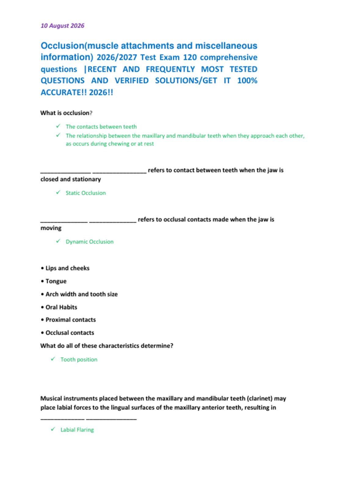 Occlusion(muscle attachments and miscellaneous  information) 2026/2027 Test Exam 120 comprehensive  questions |RECENT AND FREQUENTLY MOST TESTED  QUESTIONS AND VERIFIED SOLUTIONS/GET IT 100%  ACCURATE!! 2026!!