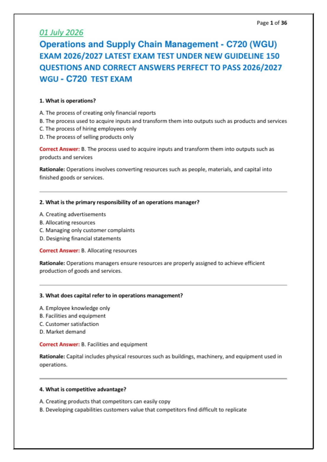 Operations and Supply Chain Management - C720 (WGU)   EXAM 2026/2027 LATEST EXAM TEST UNDER NEW GUIDELINE 150  QUESTIONS AND CORRECT ANSWERS PERFECT TO PASS 2026/2027  WGU - C720  TEST EXAM