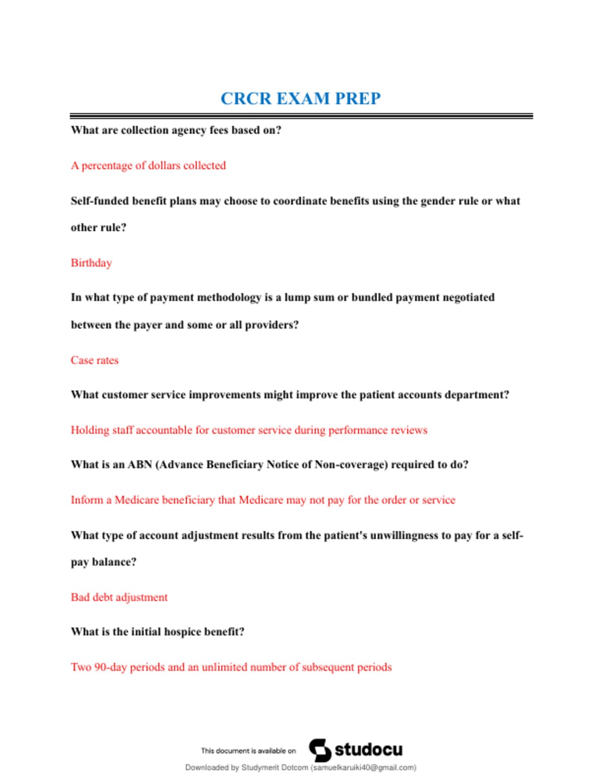 CRCR Certification Exam (2026 / 2027) Actual Questions and Verified Answers, 100% Guarantee Pass