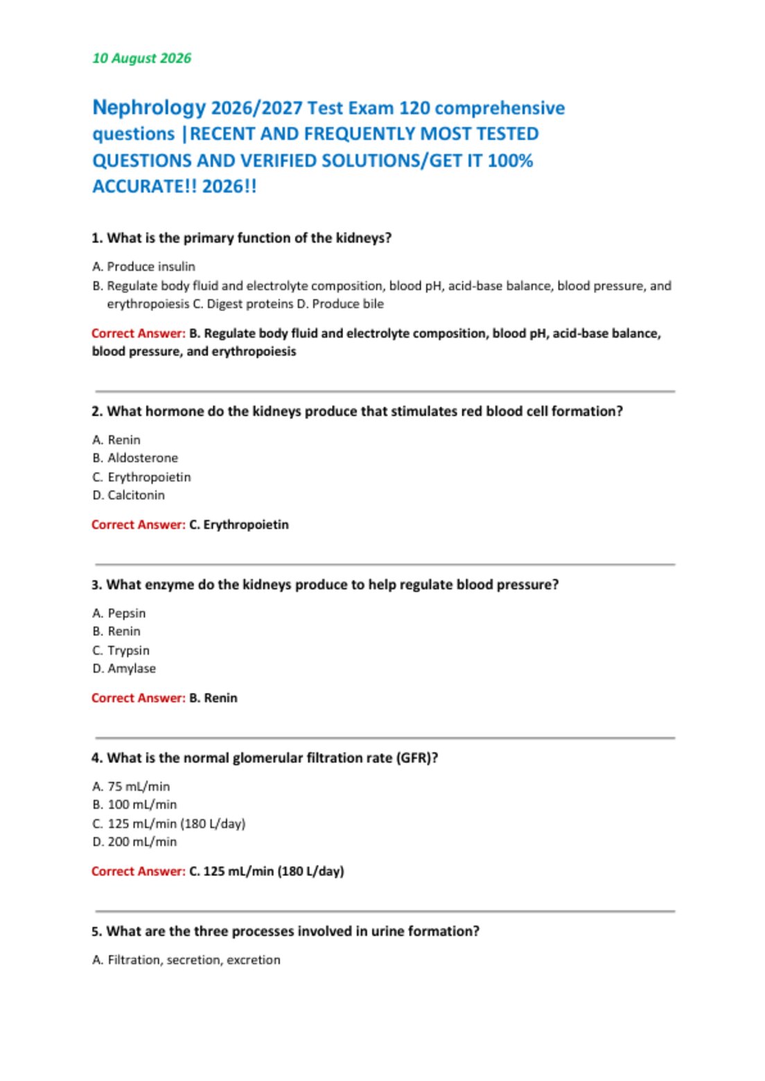 Nephrology 2026/2027 Test Exam 120 comprehensive  questions |RECENT AND FREQUENTLY MOST TESTED  QUESTIONS AND VERIFIED SOLUTIONS/GET IT 100%  ACCURATE!! 2026!!