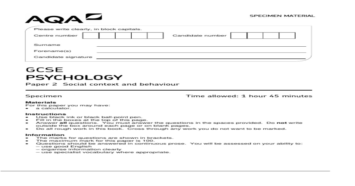 AQA GCSE Psychology Paper 2 Social Context and Behaviour 8182-2 Exams Questions with Complete Solutions (2)