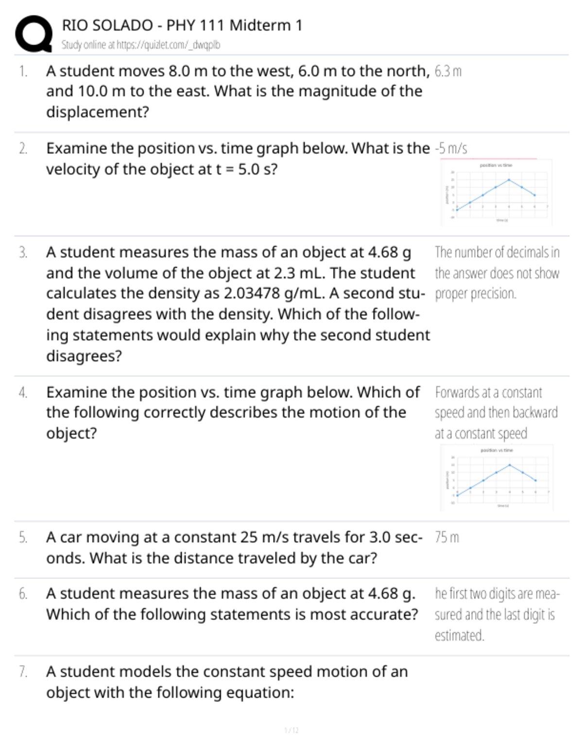 Rio Salado College – PHY 111 (College Physics I) – Midterm Exam 1 (2026-2027)