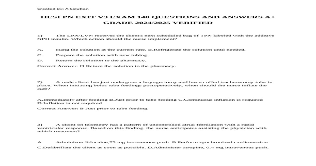 HESI PN EXIT V3 EXAM 140 QUESTIONS AND ANSWERS A