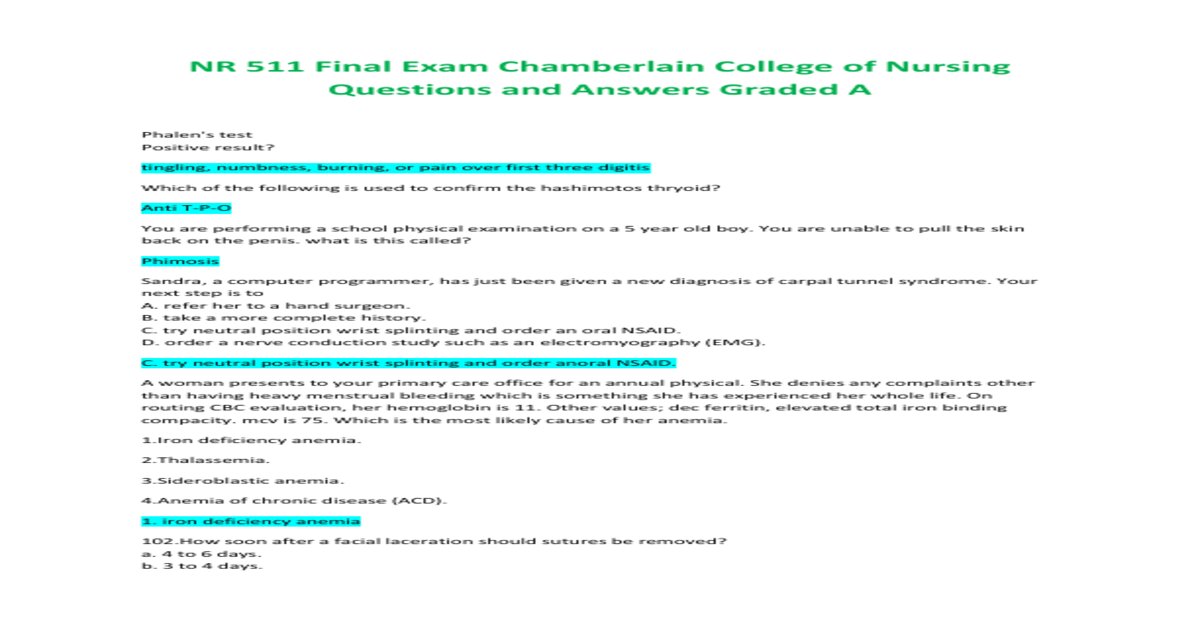 Nr 511 final exam chamberlain college of nursing questions and answers graded a