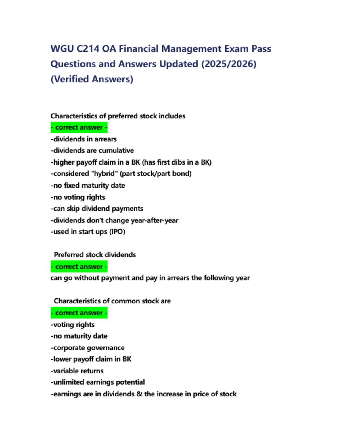 WGU C214 – Financial Management OA Exam Questions and Verified Answers (2025/2026) preview
