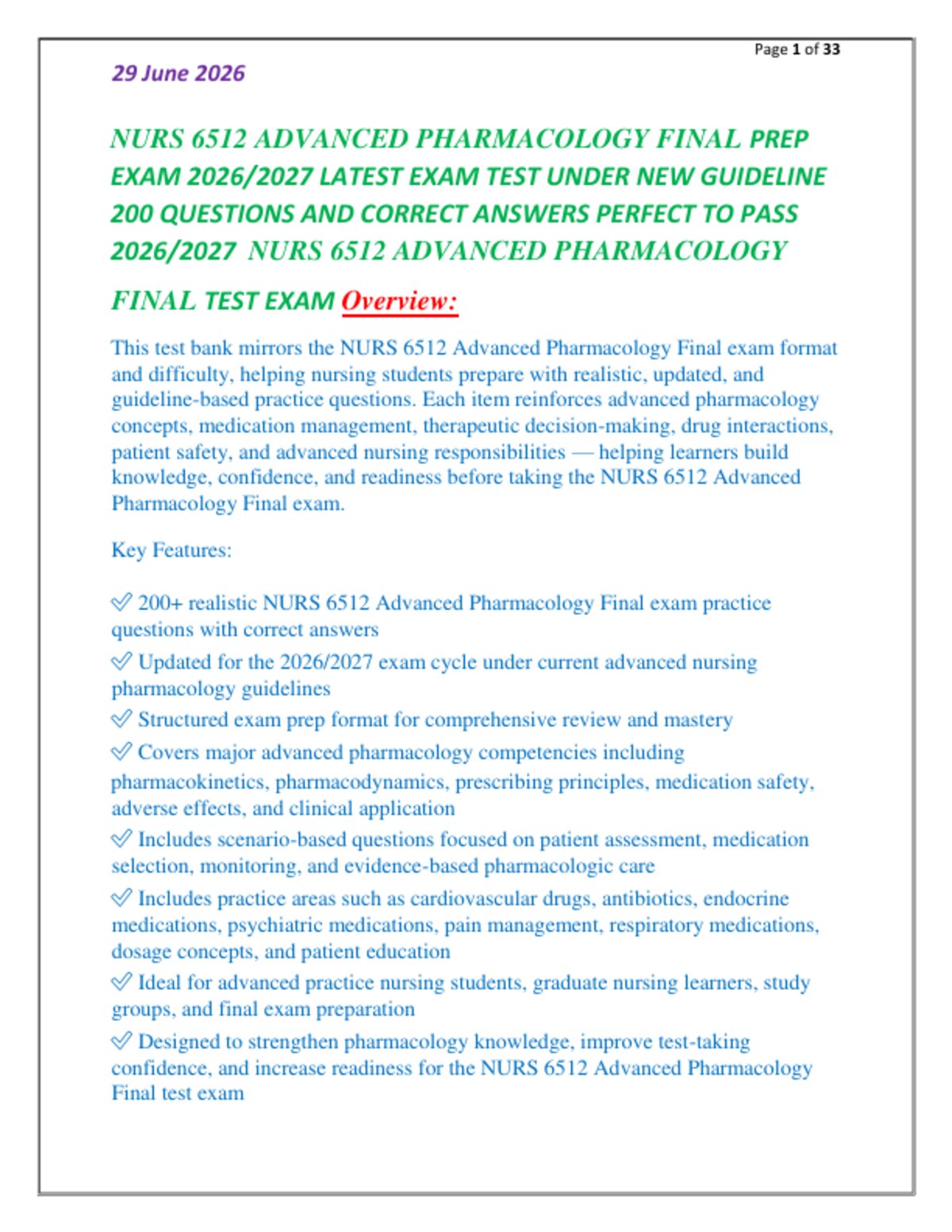NURS 6512 ADVANCED PHARMACOLOGY FINAL PREP   EXAM 2026/2027 LATEST EXAM TEST UNDER NEW GUIDELINE   200 QUESTIONS AND CORRECT ANSWERS PERFECT TO PASS   2026/2027  NURS 6512 ADVANCED PHARMACOLOGY  FINAL TEST EXAM