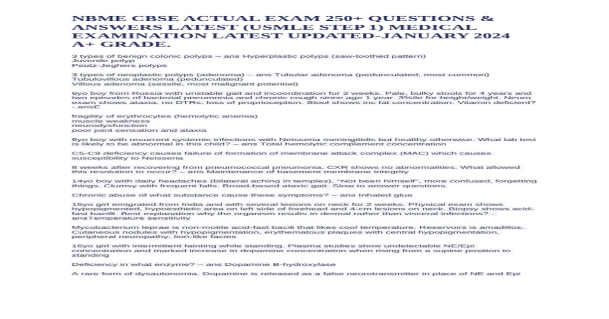 NBME CBSE / NBME CBSE 250+QUESTIONS AND ANSWERS/ NBME CBSE LATEST VERSION(usmle step 1)