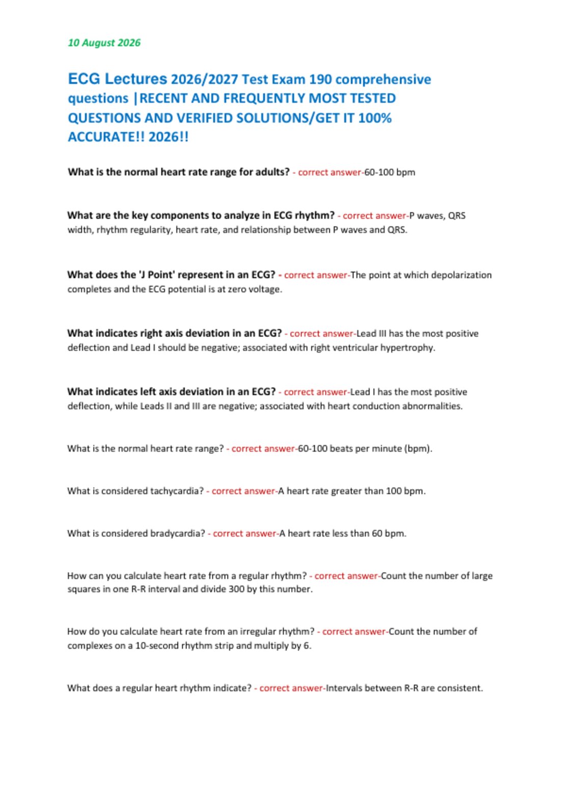 ECG Lectures 2026/2027 Test Exam 190 comprehensive  questions |RECENT AND FREQUENTLY MOST TESTED  QUESTIONS AND VERIFIED SOLUTIONS/GET IT 100%  ACCURATE!! 2026!!