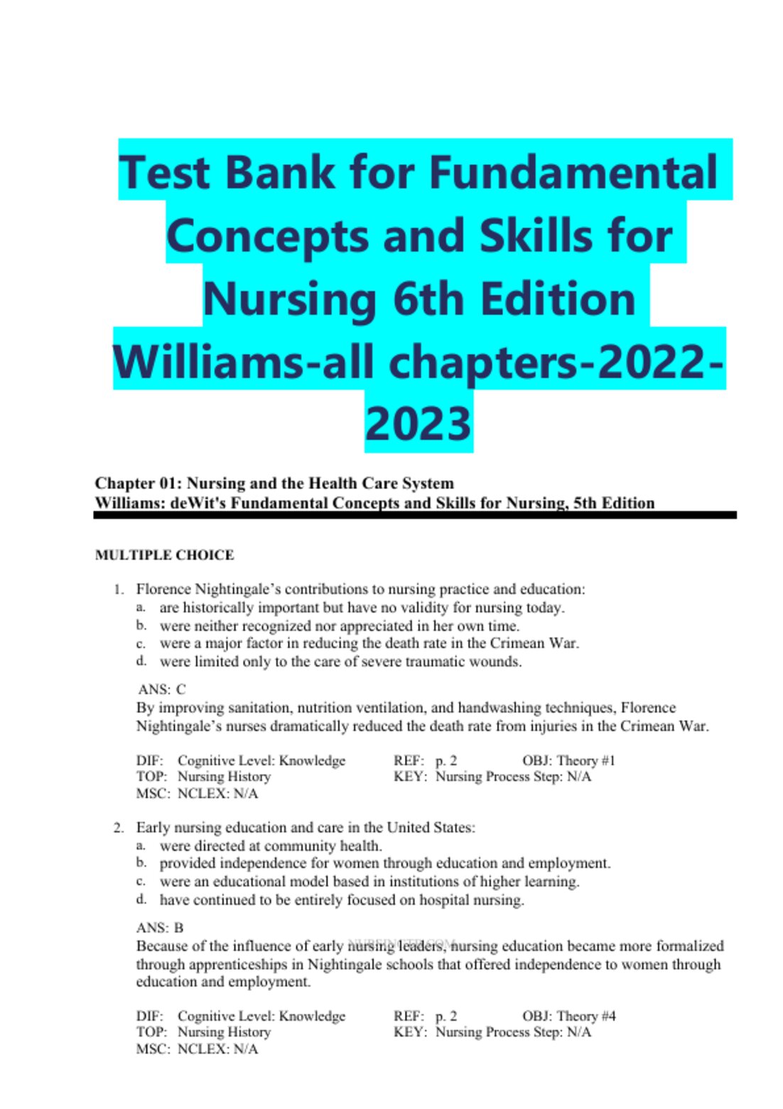 test bank for fundamental concepts and skills for nursing 6th edition williams all chapters 2022 2023 preview