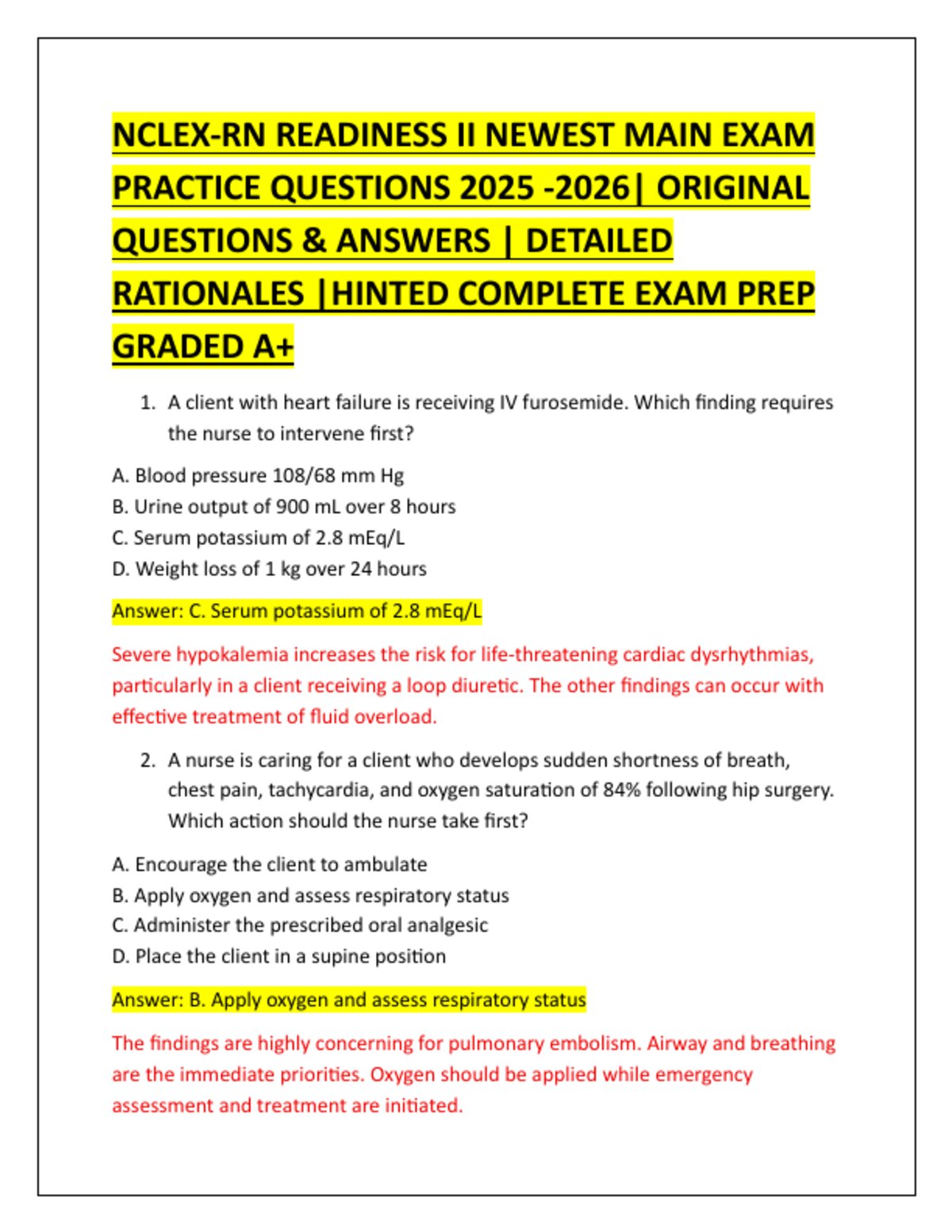 NCLEX-RN READINESS II NEWEST MAIN EXAM  PRACTICE QUESTIONS 2025 -2026| ORIGINAL  QUESTIONS & ANSWERS | DETAILED  RATIONALES |HINTED COMPLETE EXAM PREP  GRADED A+ preview