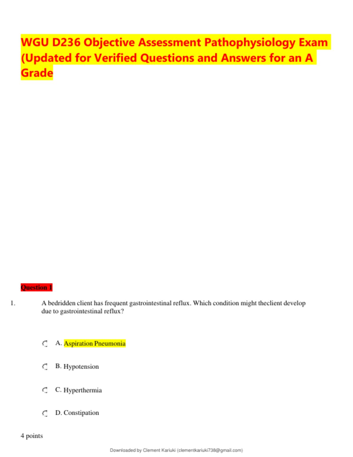 Complete WGU D236 Pathophysiology pre-assessment 2025–2026 with verified questions and answers, designed for nursing and healthcare exam success preview