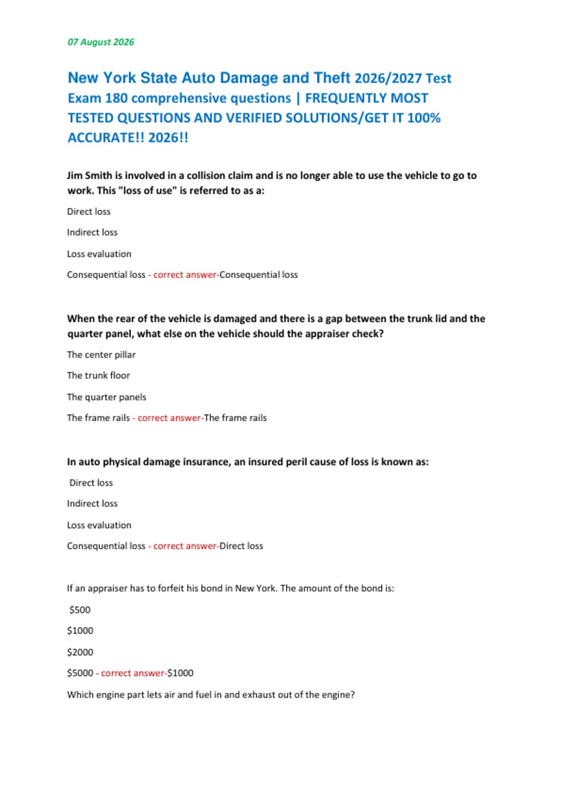 New York State Auto Damage and Theft 2026/2027 Test   Exam 180 comprehensive questions | FREQUENTLY MOST  TESTED QUESTIONS AND VERIFIED SOLUTIONS/GET IT 100%  ACCURATE!! 2026!!