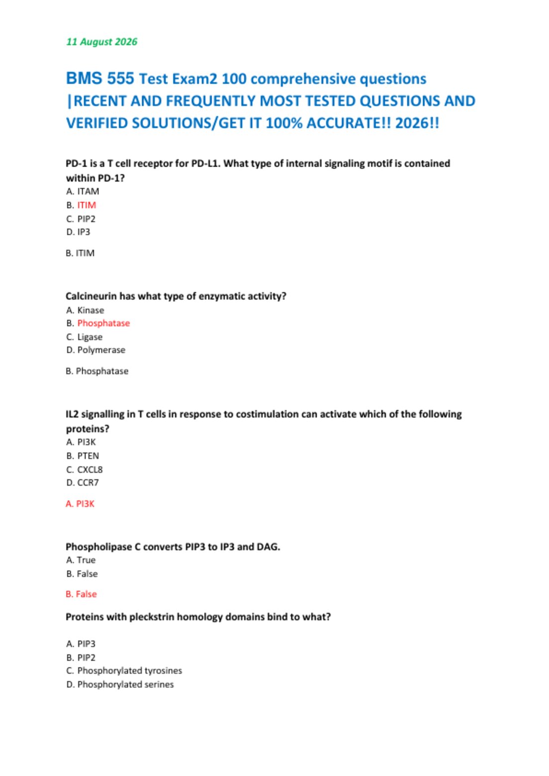 BMS 555 Test Exam2 100 comprehensive questions   |RECENT AND FREQUENTLY MOST TESTED QUESTIONS AND  VERIFIED SOLUTIONS/GET IT 100% ACCURATE!! 2026!!