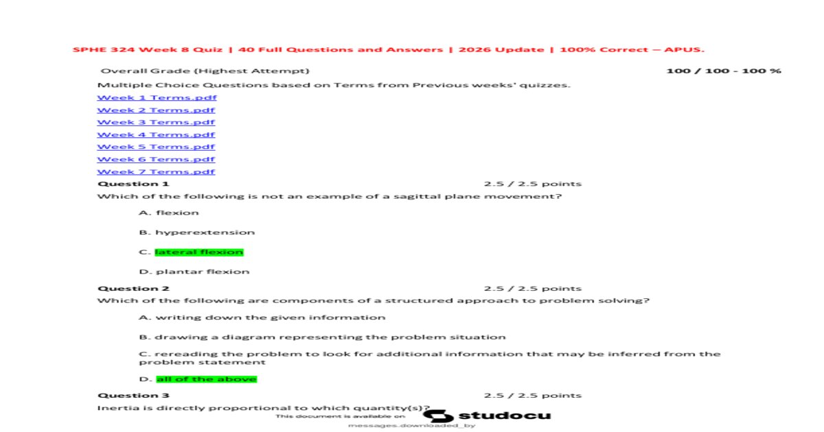 SPHE 324 Week 3 Quiz | Score 100% | American Military University