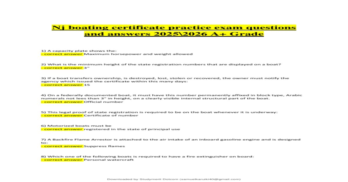 NJ Boating Test 2025/2026 | Complete Exam with 60 Verified Questions and Answers preview
