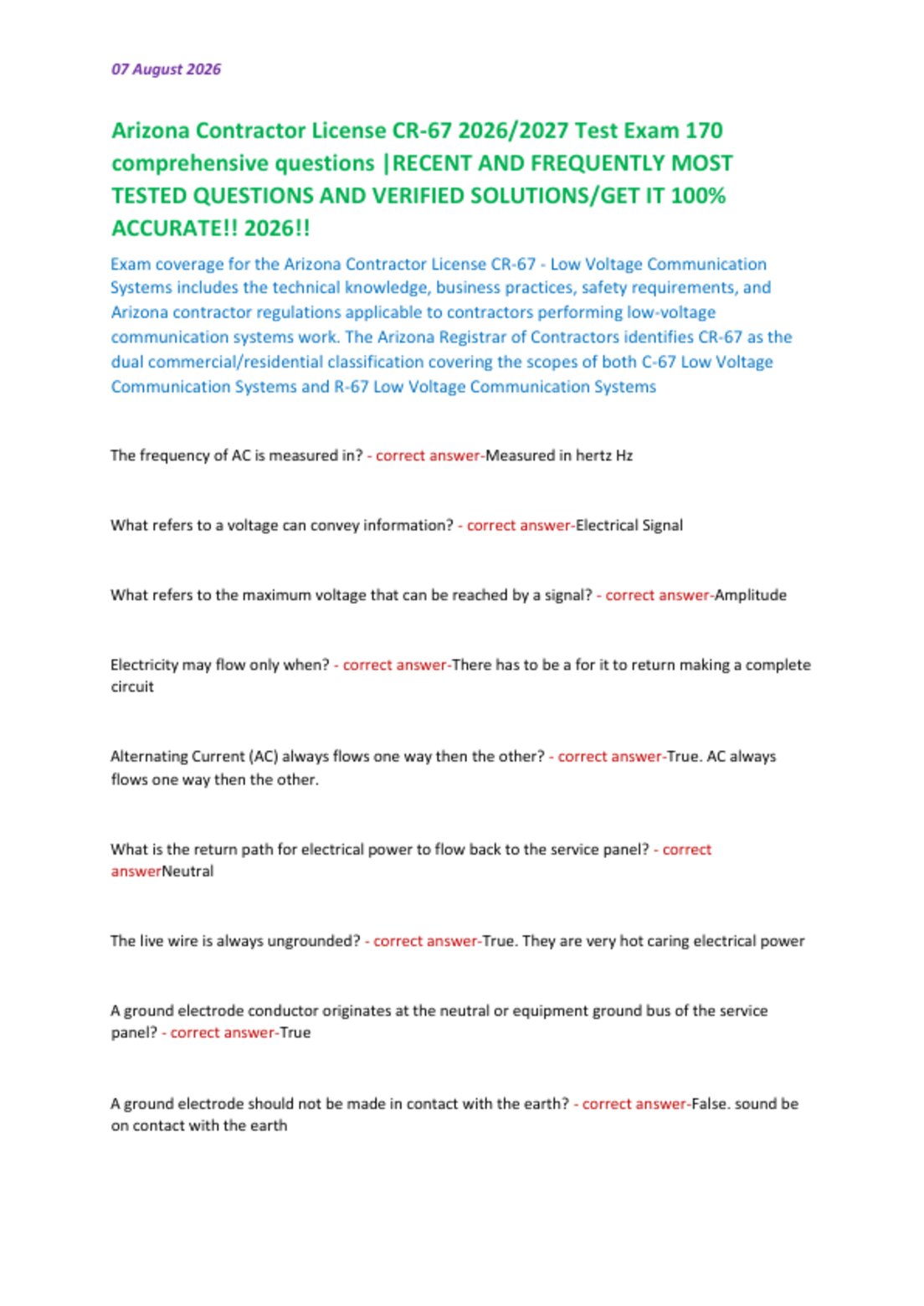 Arizona Contractor License CR-67 2026/2027 Test Exam 170  comprehensive questions |RECENT AND FREQUENTLY MOST  TESTED QUESTIONS AND VERIFIED SOLUTIONS/GET IT 100%  ACCURATE!! 2026!!