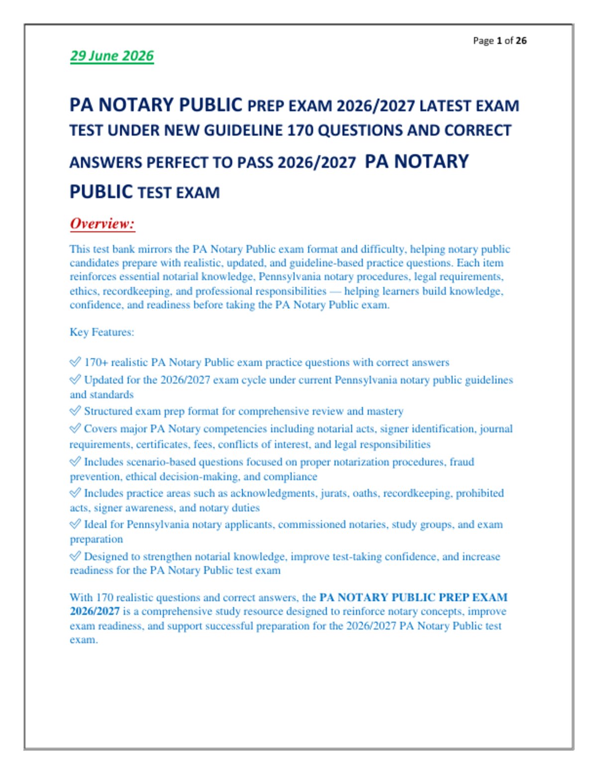 PA NOTARY PUBLIC PREP EXAM 2026/2027 LATEST EXAM   TEST UNDER NEW GUIDELINE 170 QUESTIONS AND CORRECT   ANSWERS PERFECT TO PASS 2026/2027  PA NOTARY   PUBLIC TEST EXAM