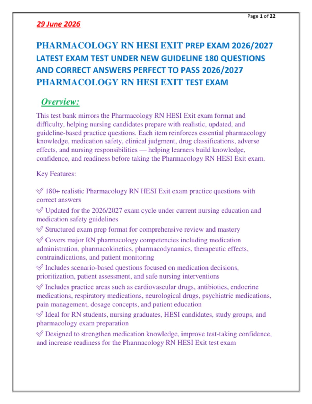 PHARMACOLOGY RN HESI EXIT PREP EXAM 2026/2027   LATEST EXAM TEST UNDER NEW GUIDELINE 180 QUESTIONS   AND CORRECT ANSWERS PERFECT TO PASS 2026/2027   PHARMACOLOGY RN HESI EXIT TEST EXAM