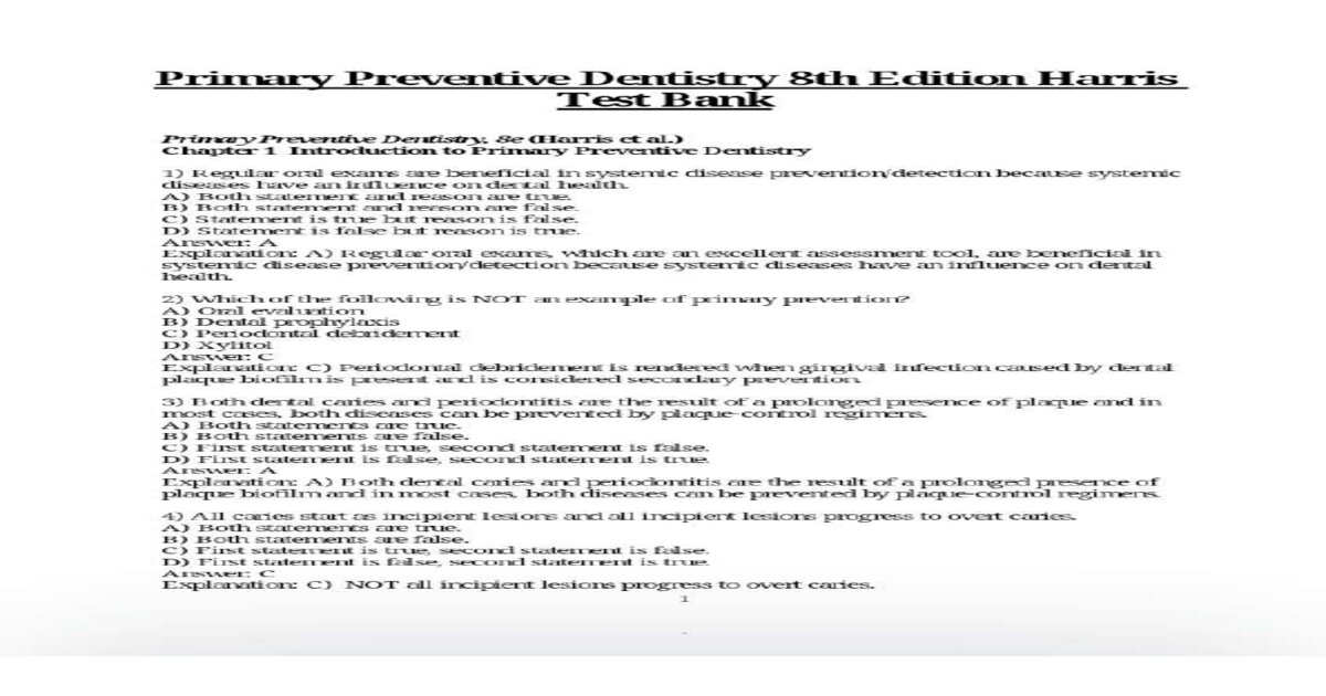 Complete Test Bank Primary Preventive Dentistry 8th Edition Harris Questions & Answers with rationales (Chapter 1-28)