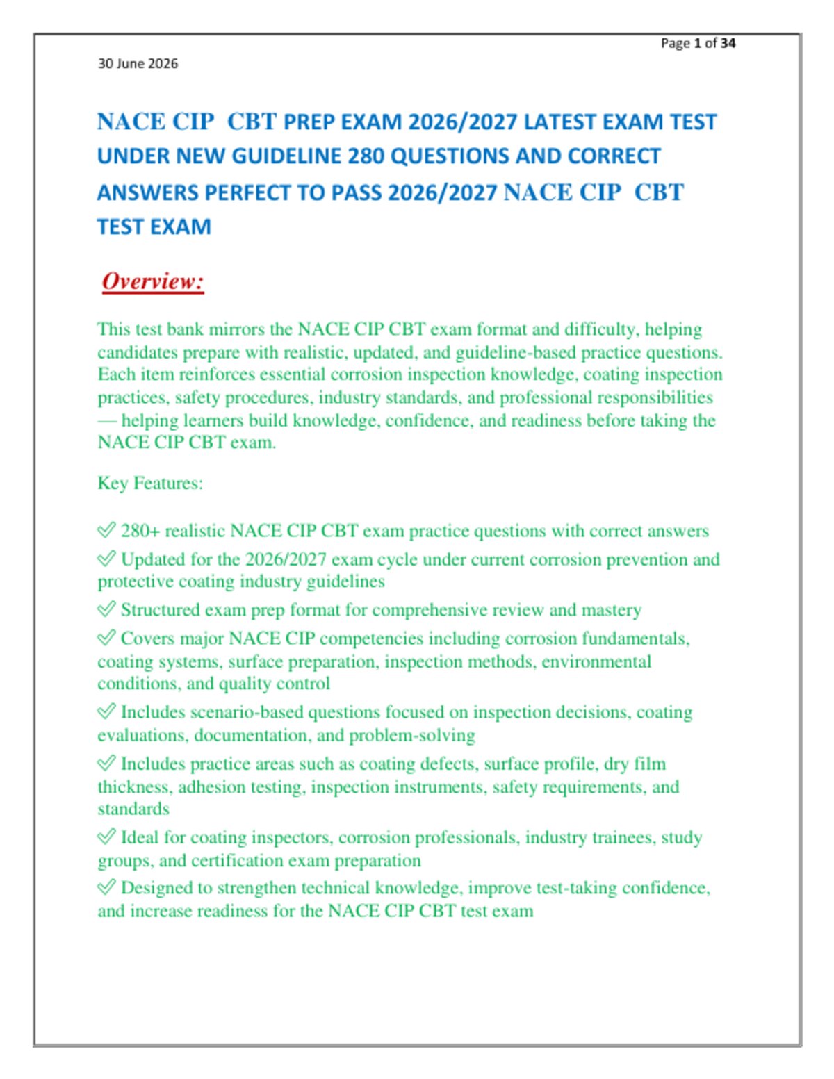 NACE CIP  CBT PREP EXAM 2026/2027 LATEST EXAM TEST   UNDER NEW GUIDELINE 280 QUESTIONS AND CORRECT   ANSWERS PERFECT TO PASS 2026/2027 NACE CIP  CBT   TEST EXAM