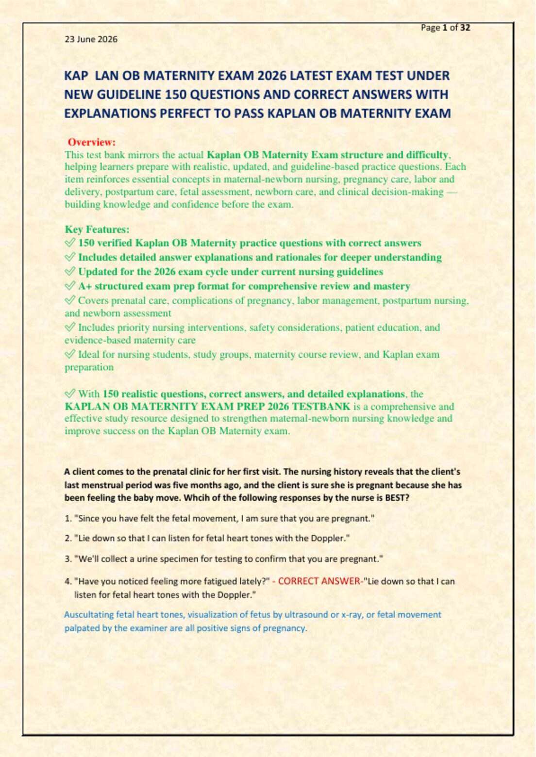KAP  LAN OB MATERNITY EXAM 2026 LATEST EXAM TEST UNDER   NEW GUIDELINE 150 QUESTIONS AND CORRECT ANSWERS WITH   EXPLANATIONS PERFECT TO PASS KAPLAN OB MATERNITY EXAM