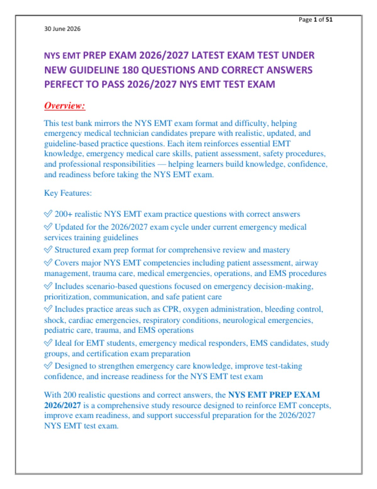 NYS EMT PREP EXAM 2026/2027 LATEST EXAM TEST UNDER  NEW GUIDELINE 180 QUESTIONS AND CORRECT ANSWERS  PERFECT TO PASS 2026/2027 NYS EMT TEST EXAM