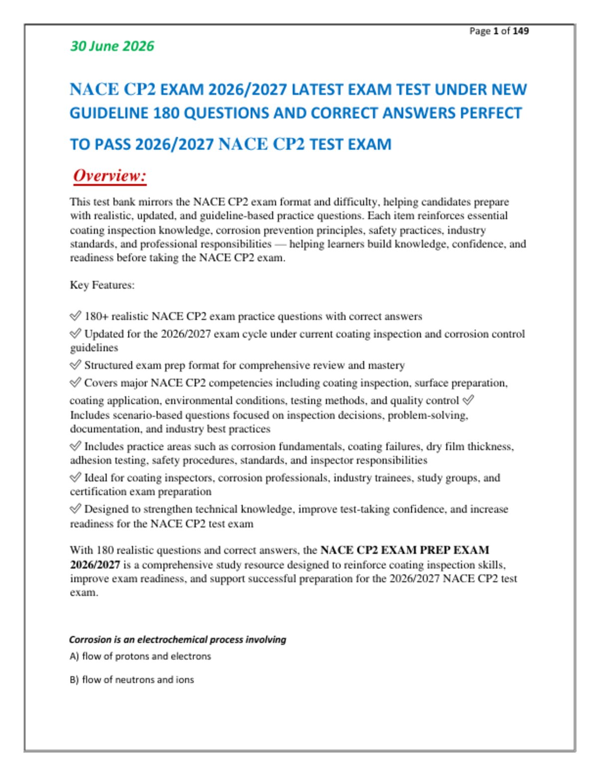 NACE CP2 EXAM 2026/2027 LATEST EXAM TEST UNDER NEW   GUIDELINE 180 QUESTIONS AND CORRECT ANSWERS PERFECT  TO PASS 2026/2027 NACE CP2 TEST EXAM