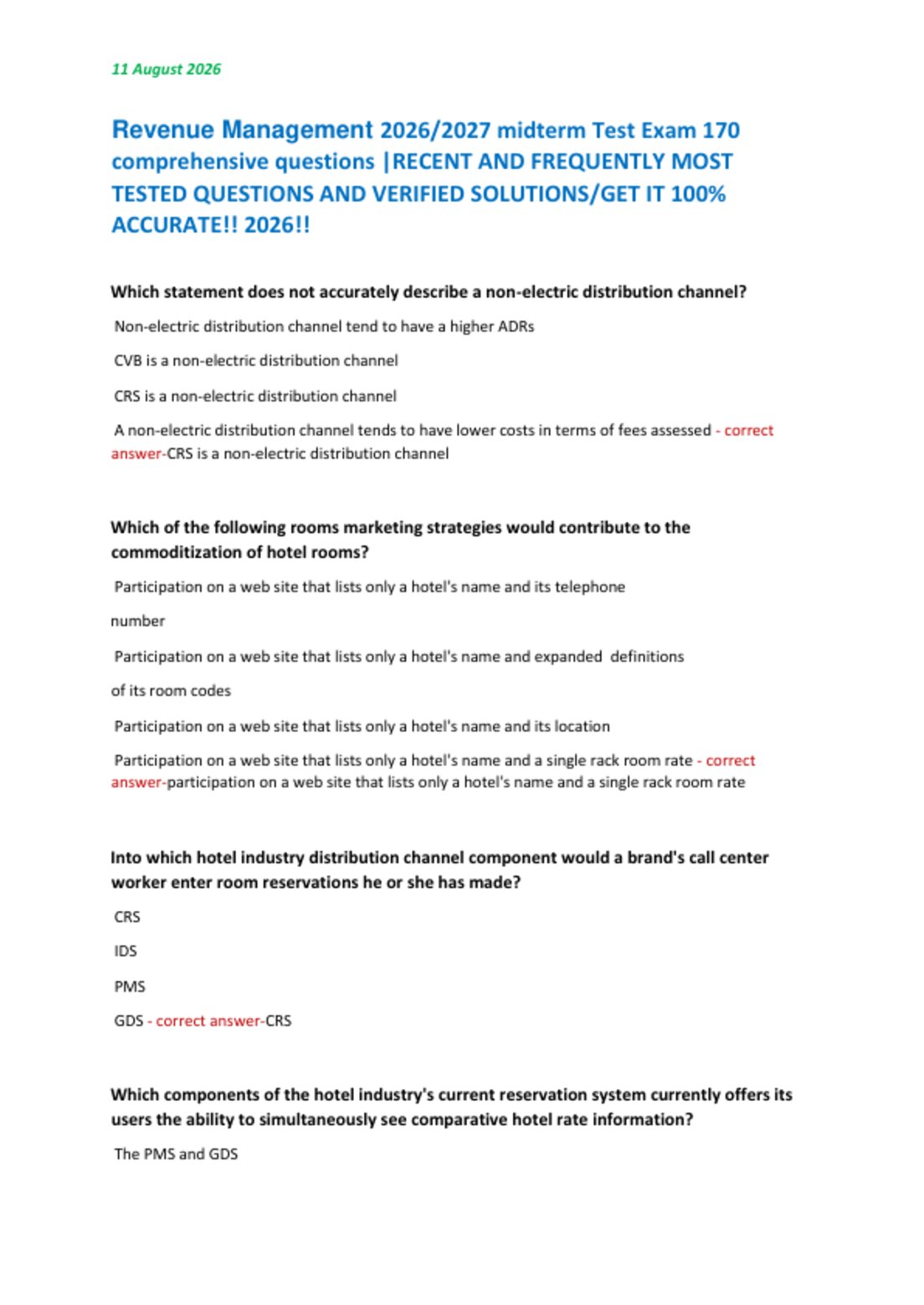 Revenue Management 2026/2027 midterm Test Exam 170  comprehensive questions |RECENT AND FREQUENTLY MOST  TESTED QUESTIONS AND VERIFIED SOLUTIONS/GET IT 100%  ACCURATE!! 2026!!