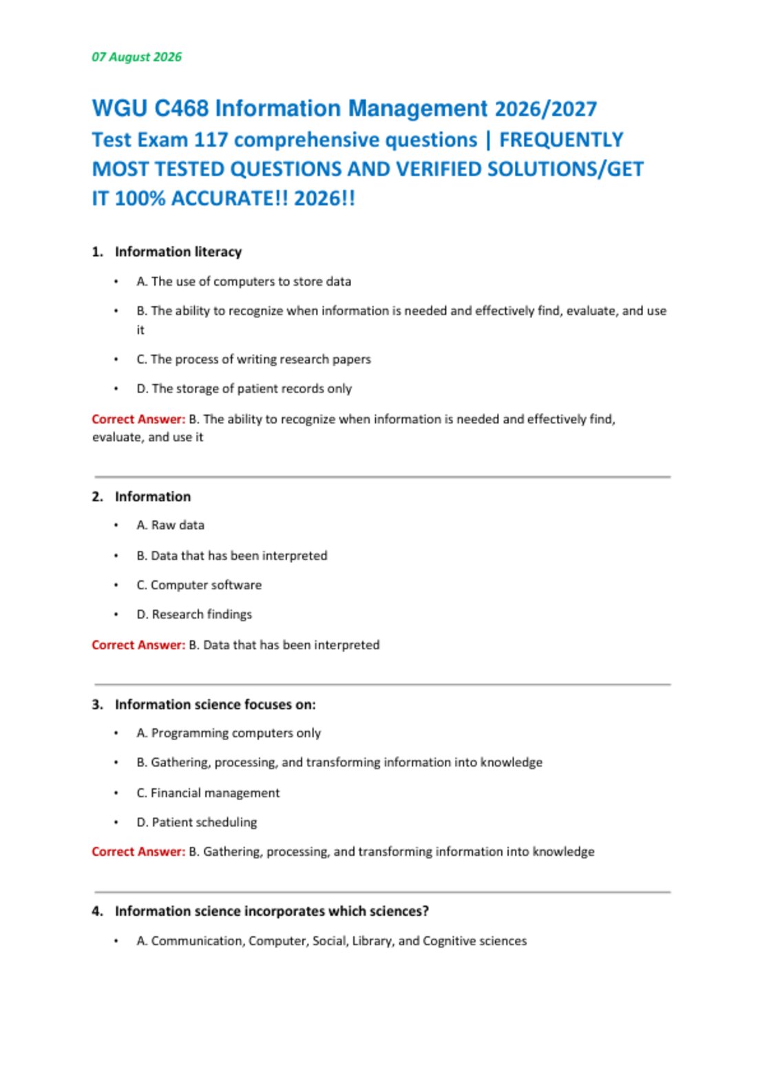 WGU C468 Information Management 2026/2027   Test Exam 117 comprehensive questions | FREQUENTLY  MOST TESTED QUESTIONS AND VERIFIED SOLUTIONS/GET  IT 100% ACCURATE!! 2026!!