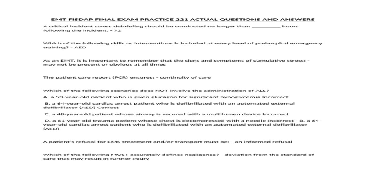 EMT FISDAP FINAL EXAM PRACTICE 221 ACTUAL QUESTIONS AND ANSWERS