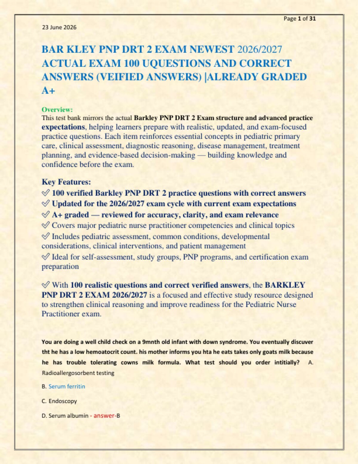 BAR KLEY PNP DRT 2 EXAM NEWEST 2026/2027  ACTUAL EXAM 100 UQUESTIONS AND CORRECT   ANSWERS (VEIFIED ANSWERS) |ALREADY GRADED   A+