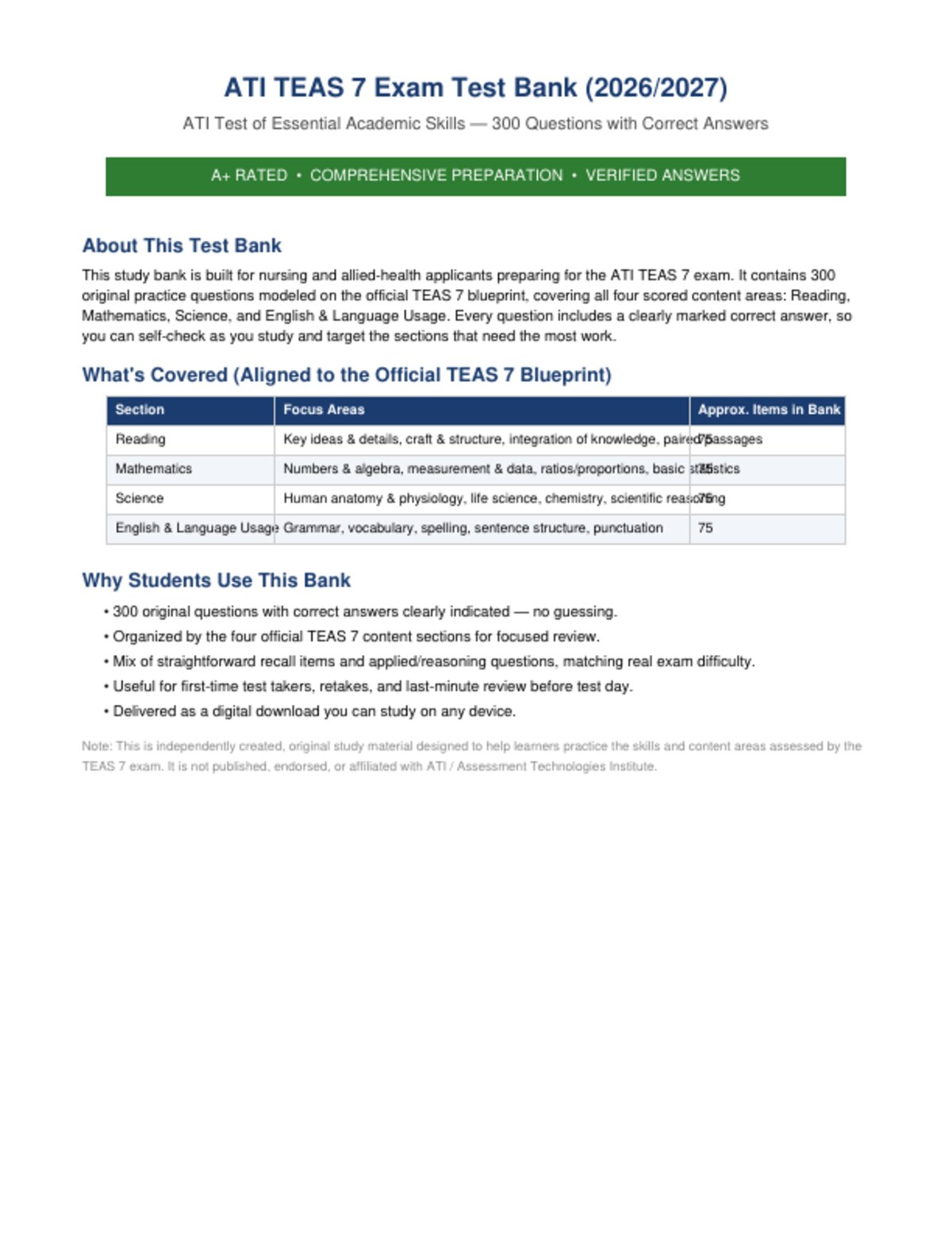 ATI TEAS 7 Exam Test Bank (2026/2027) – ATI Test of Essential Academic Skills | 300 Questions with Correct Answers | A+ Rated Comprehensive Preparation