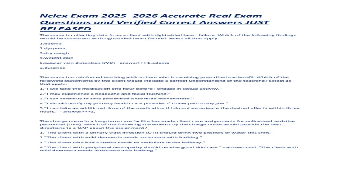 Nclex exam 2025 2026 accurate real exam questions and verified correct answers just released