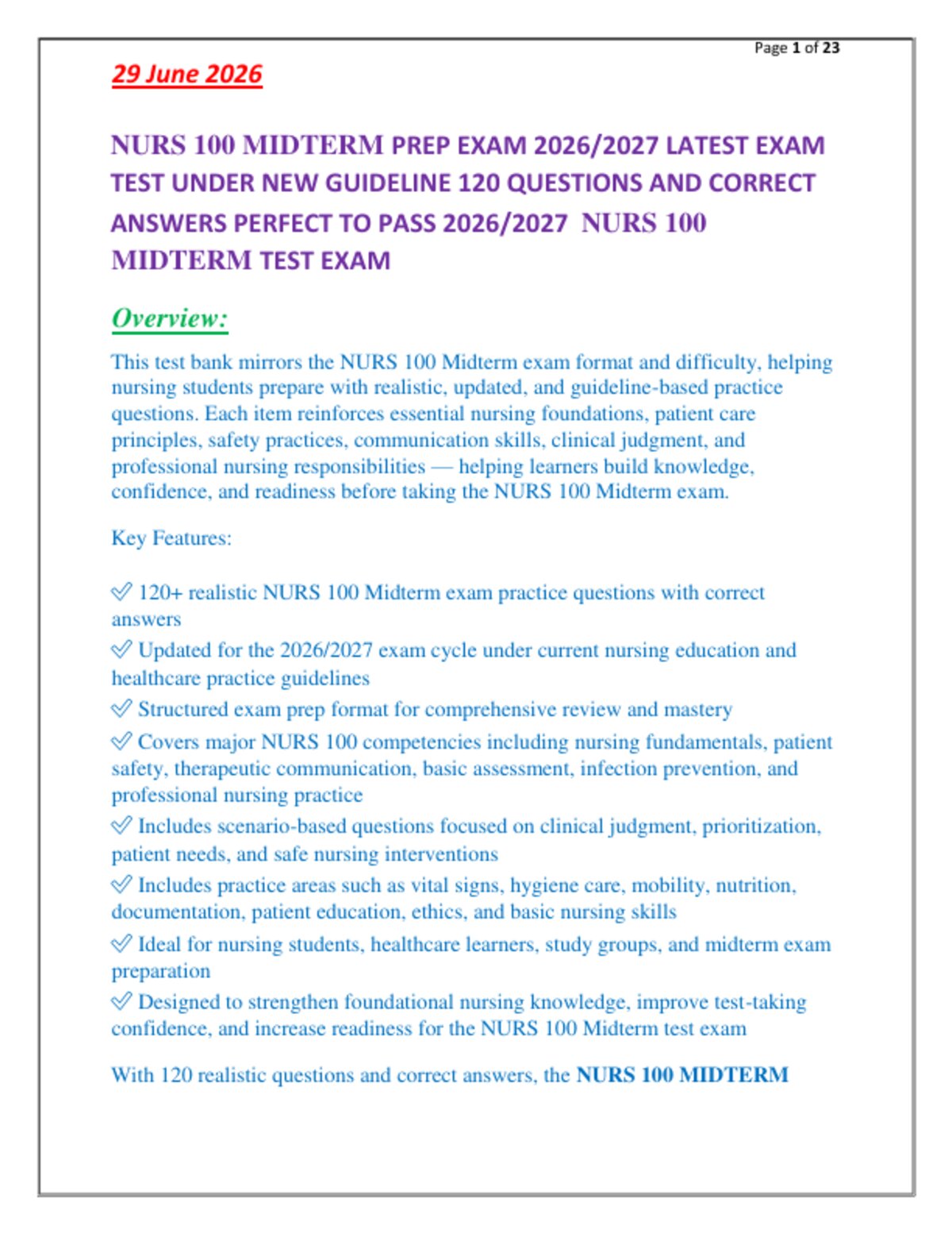 NURS 100 MIDTERM PREP EXAM 2026/2027 LATEST EXAM   TEST UNDER NEW GUIDELINE 120 QUESTIONS AND CORRECT   ANSWERS PERFECT TO PASS 2026/2027  NURS 100  MIDTERM TEST EXAM