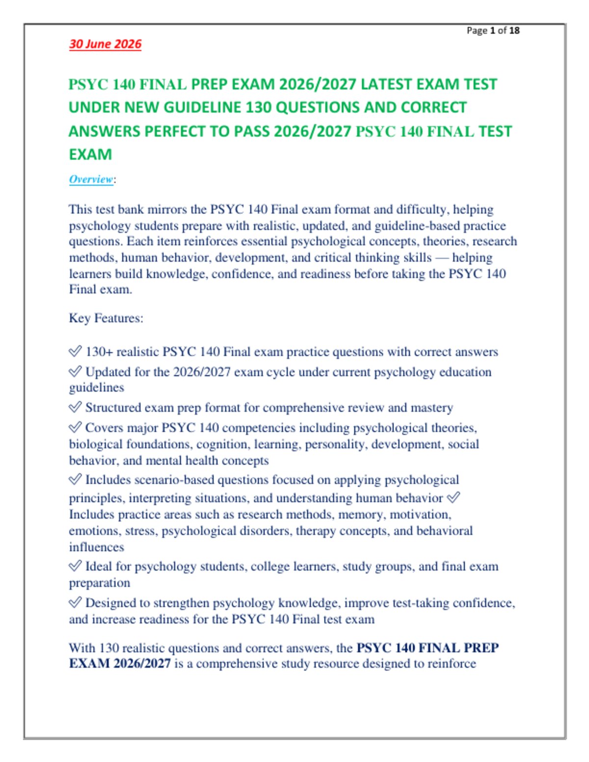 PSYC 140 FINAL PREP EXAM 2026/2027 LATEST EXAM TEST   UNDER NEW GUIDELINE 130 QUESTIONS AND CORRECT   ANSWERS PERFECT TO PASS 2026/2027 PSYC 140 FINAL TEST  EXAM