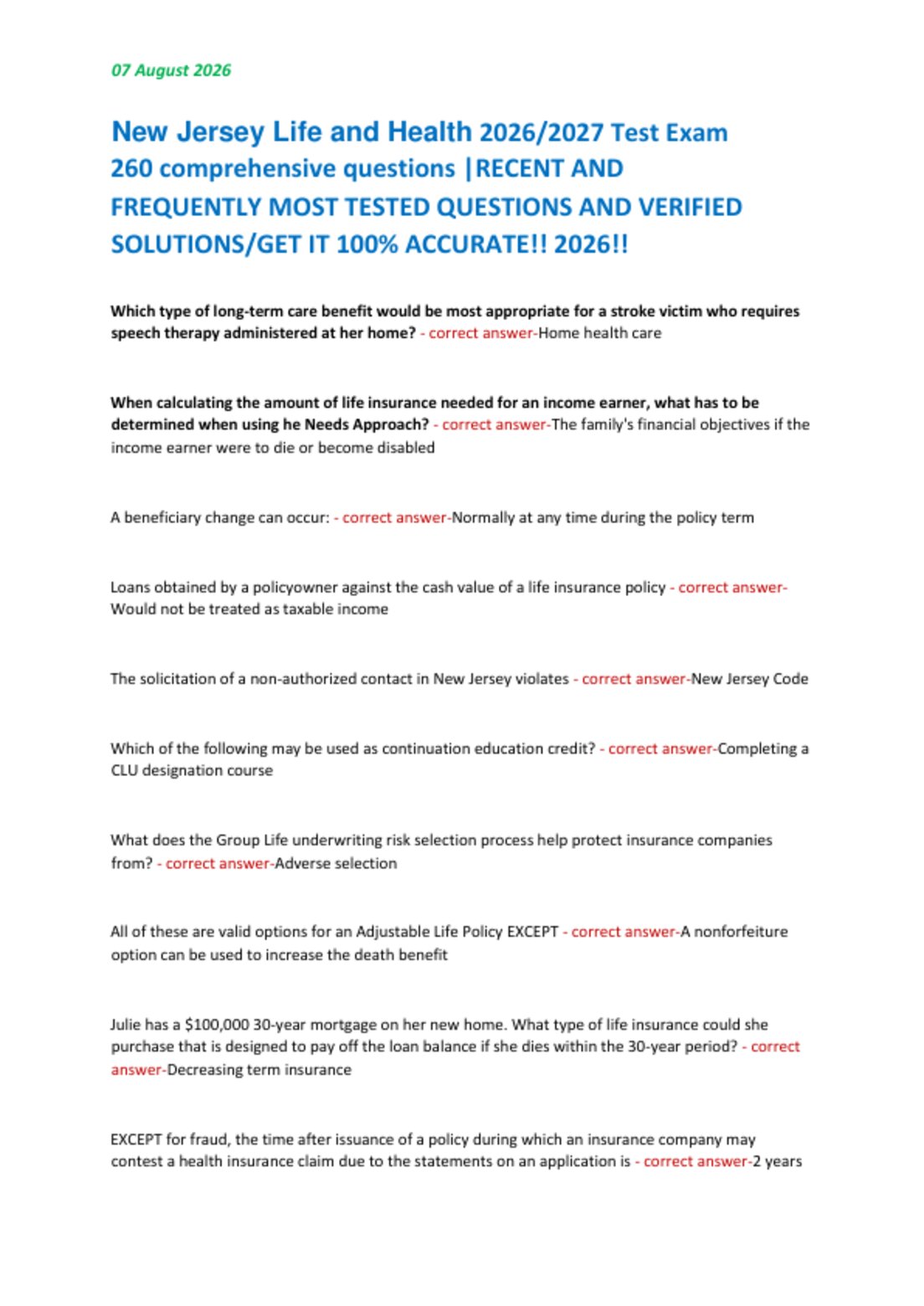 New Jersey Life and Health 2026/2027 Test Exam   260 comprehensive questions |RECENT AND   FREQUENTLY MOST TESTED QUESTIONS AND VERIFIED  SOLUTIONS/GET IT 100% ACCURATE!! 2026!!