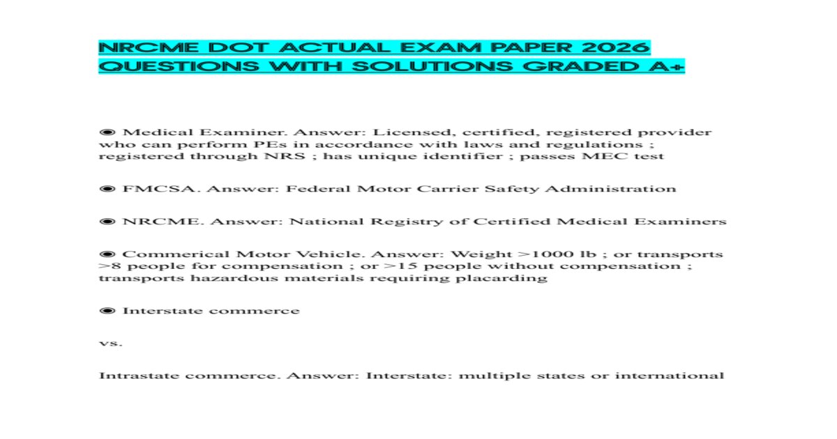 Nrcme dot actual exam paper 2026 questions with solutions graded