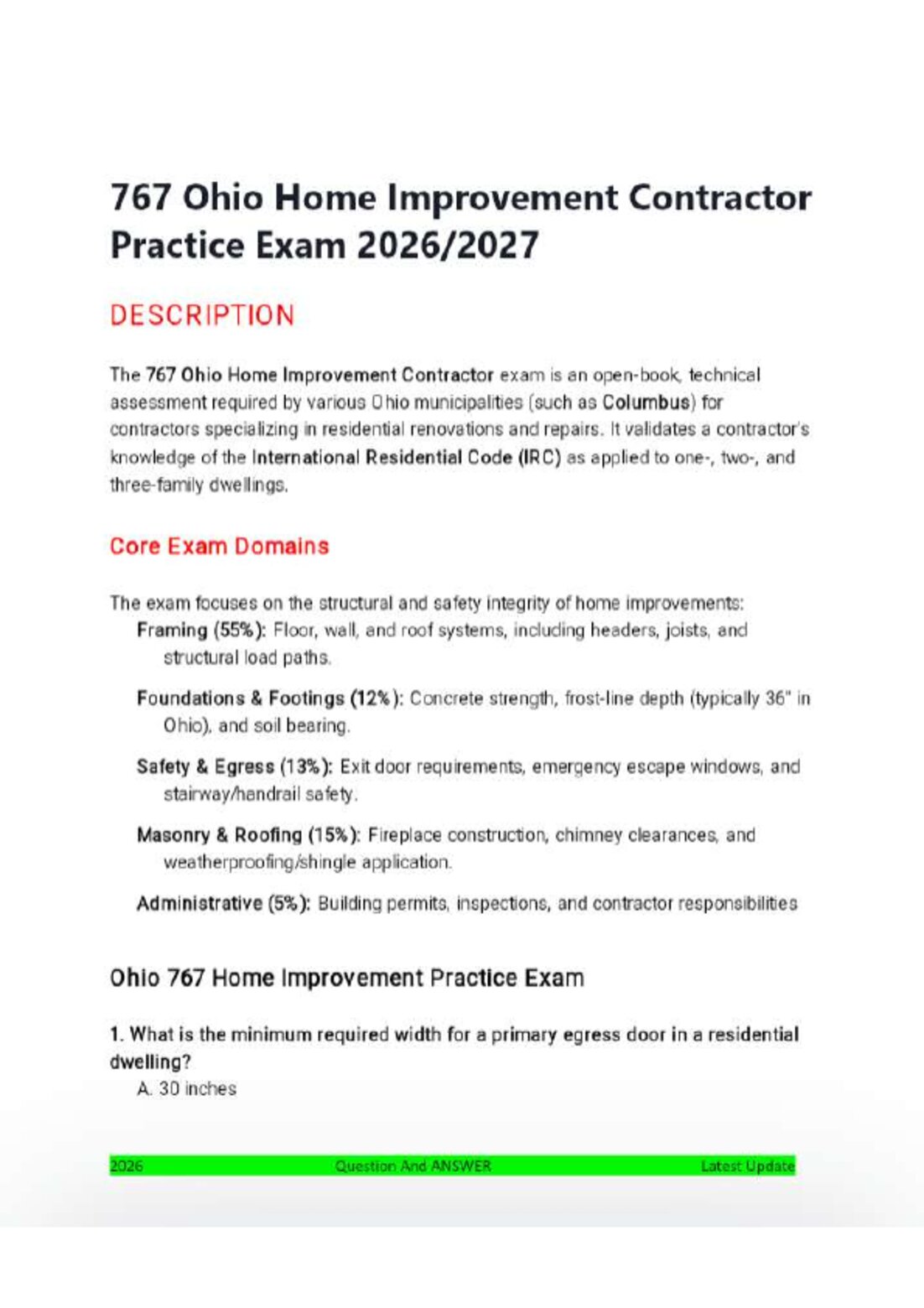 Ohio (OH) 767 Home Improvement Contractor Practice Exam 2026/2027 | RCO & ICC Study Guide