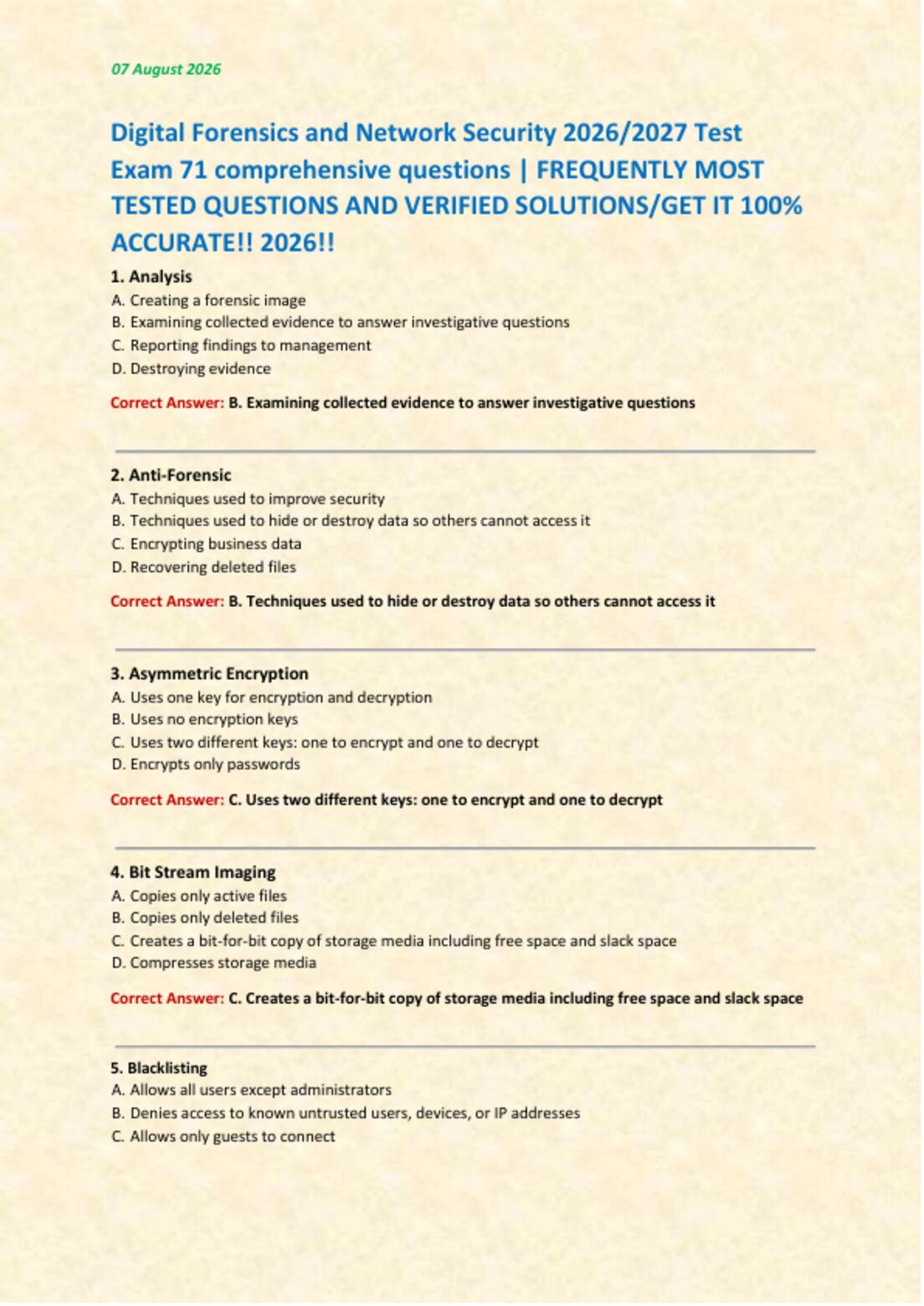 Digital Forensics and Network Security 2026/2027 Test   Exam 71 comprehensive questions | FREQUENTLY MOST  TESTED QUESTIONS AND VERIFIED SOLUTIONS/GET IT 100%  ACCURATE!! 2026!!