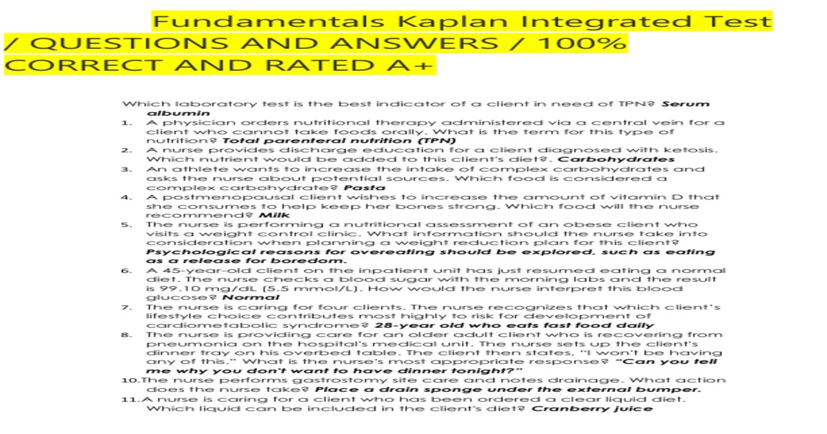 Fundamentals kaplan integrated test questions and answers 100 correct and rated a