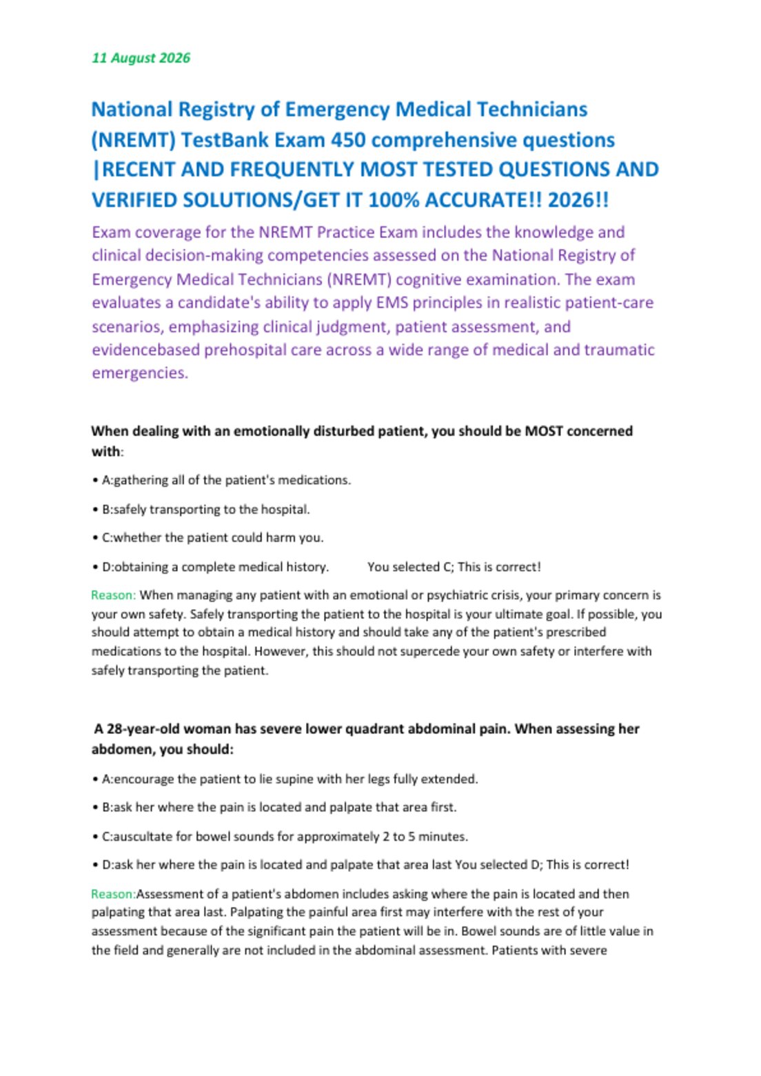National Registry of Emergency Medical Technicians   (NREMT) TestBank Exam 450 comprehensive questions   |RECENT AND FREQUENTLY MOST TESTED QUESTIONS AND  VERIFIED SOLUTIONS/GET IT 100% ACCURATE!! 2026!!