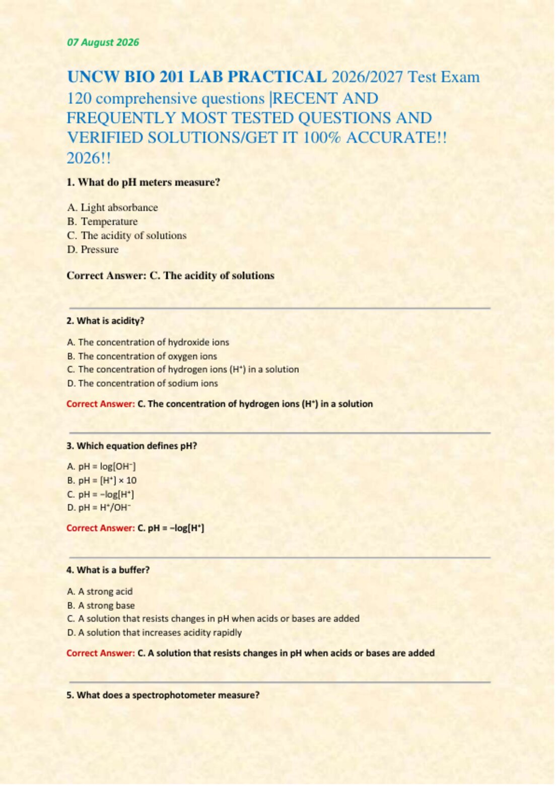 UNCW BIO 201 LAB PRACTICAL 2026/2027 Test Exam   120 comprehensive questions |RECENT AND   FREQUENTLY MOST TESTED QUESTIONS AND  VERIFIED SOLUTIONS/GET IT 100% ACCURATE!!   2026!!