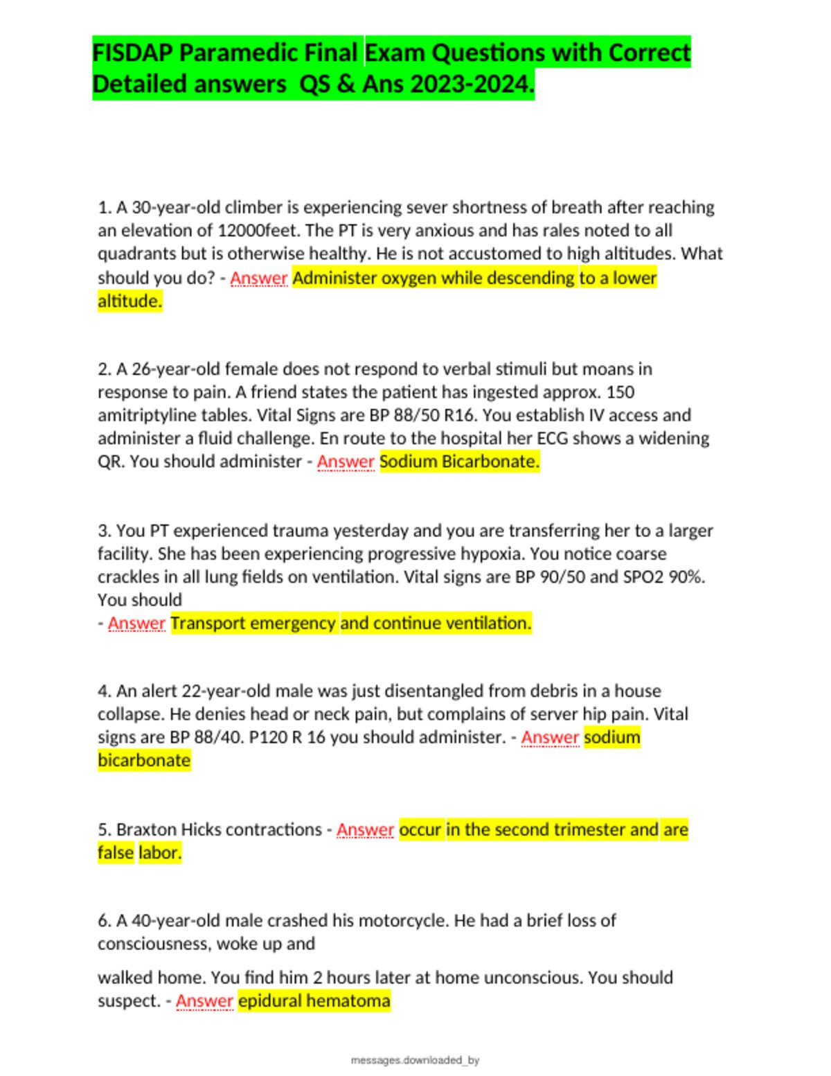 FISDAP PARAMEDIC FINAL 2026/2027 |Practice Questions and Rationales | NREMT-Style | Pass preview