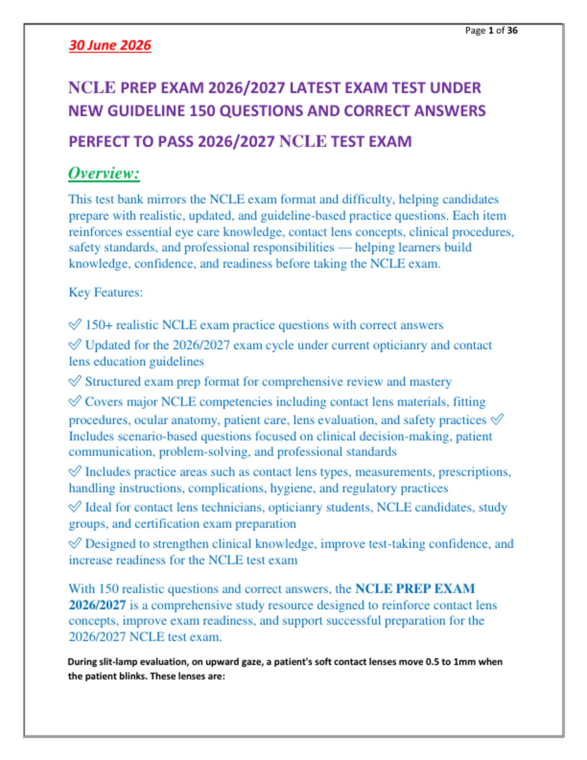 NCLE PREP EXAM 2026/2027 LATEST EXAM TEST UNDER   NEW GUIDELINE 150 QUESTIONS AND CORRECT ANSWERS  PERFECT TO PASS 2026/2027 NCLE TEST EXAM