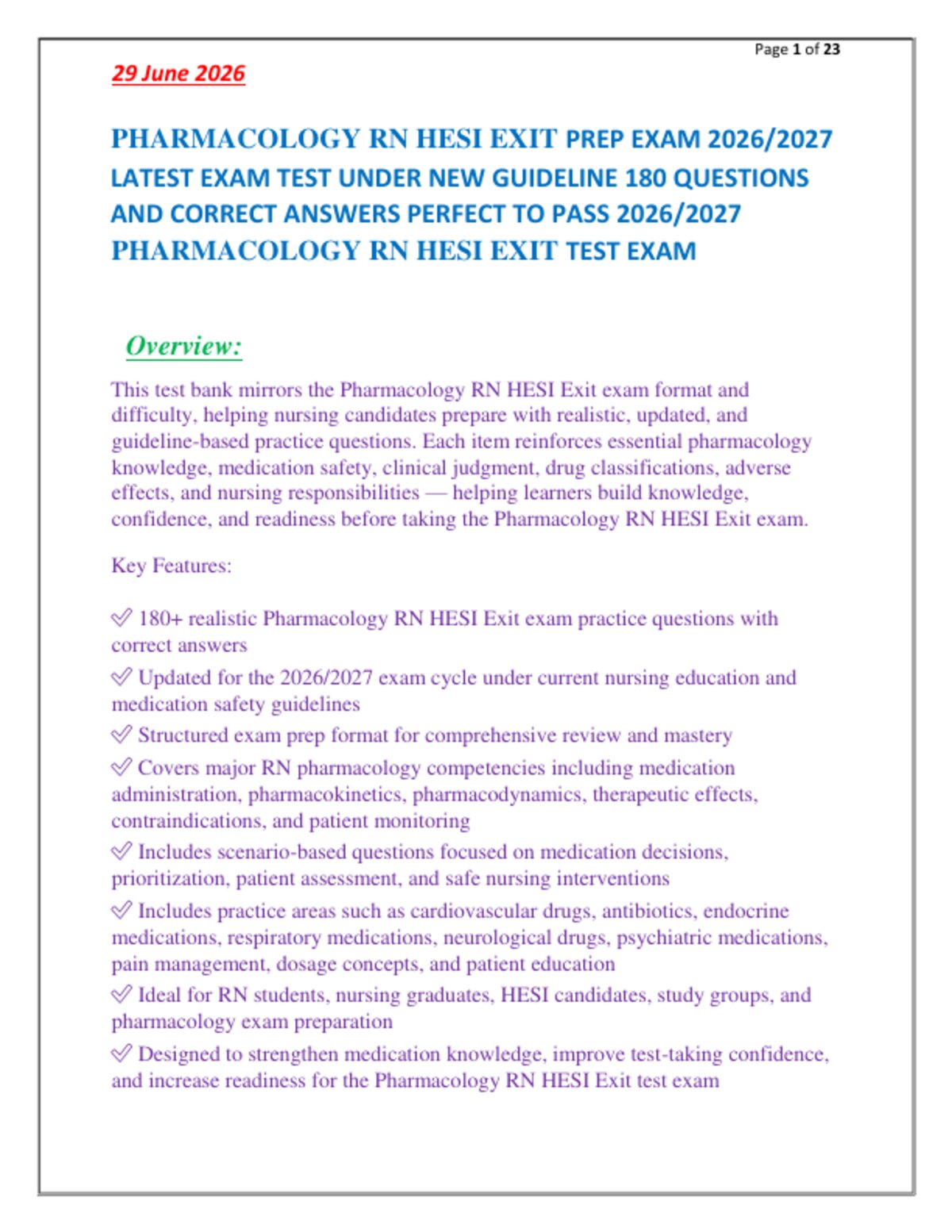 PHARMACOLOGY RN HESI EXIT PREP EXAM 2026/2027   LATEST EXAM TEST UNDER NEW GUIDELINE 180 QUESTIONS   AND CORRECT ANSWERS PERFECT TO PASS 2026/2027   PHARMACOLOGY RN HESI EXIT TEST EXAM